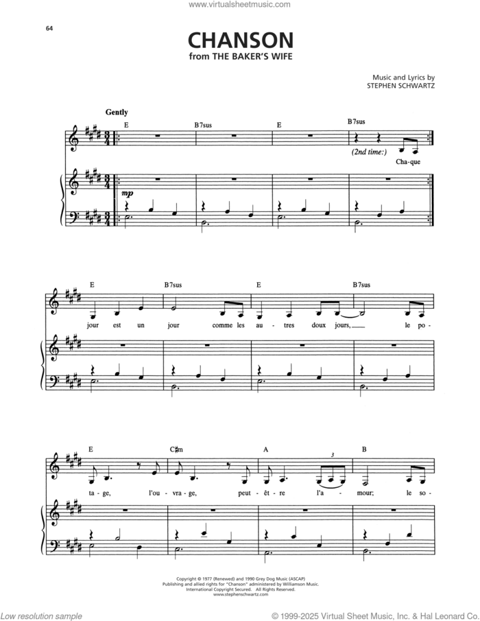 Chanson (from The Baker's Wife) sheet music for voice and piano by Stephen Schwartz, intermediate skill level