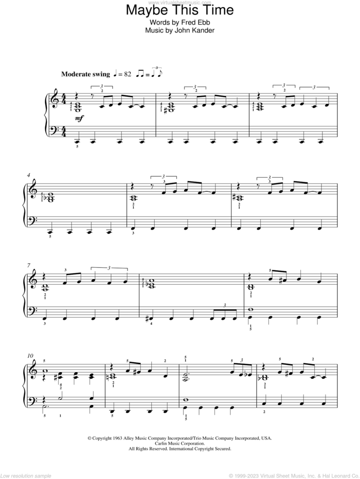 Maybe This Time (from Cabaret) sheet music for piano solo by Kander & Ebb, Cabaret (Musical), Fred Ebb and John Kander, easy skill level