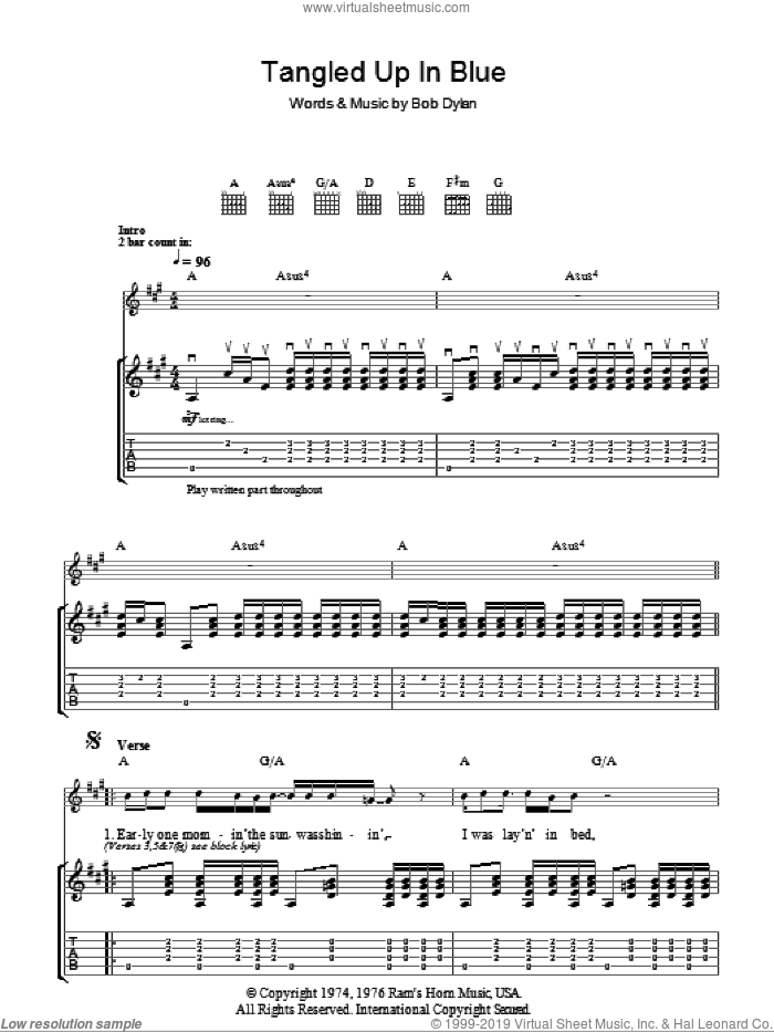 Tangled Up In Blue sheet music for guitar (tablature) by Bob Dylan, intermediate skill level