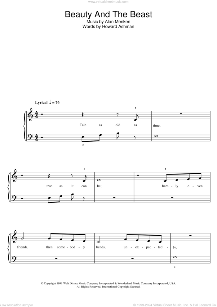 Beauty And The Beast sheet music for piano solo (5-fingers) by Alan Menken, Beauty And The Beast, Alan Menken & Howard Ashman and Howard Ashman, beginner piano (5-fingers)