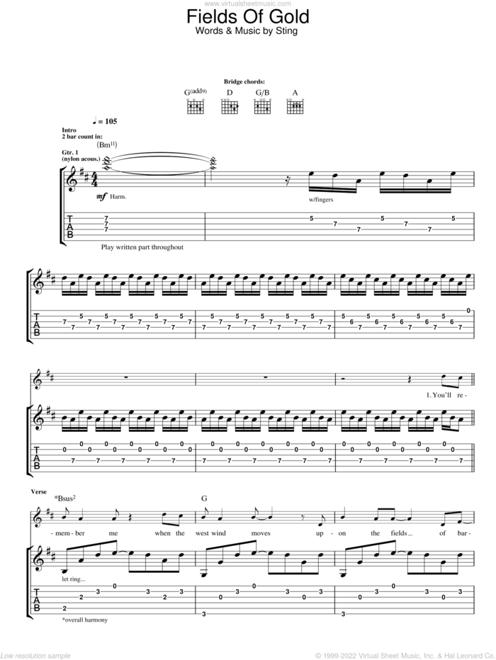 Fields Of Gold sheet music for guitar (tablature) by Sting and Eva Cassidy, intermediate skill level