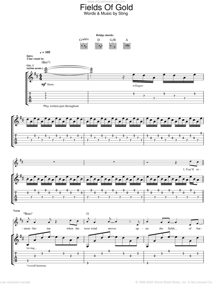 Fields Of Gold sheet music for guitar (tablature) by Sting and Eva Cassidy, intermediate skill level