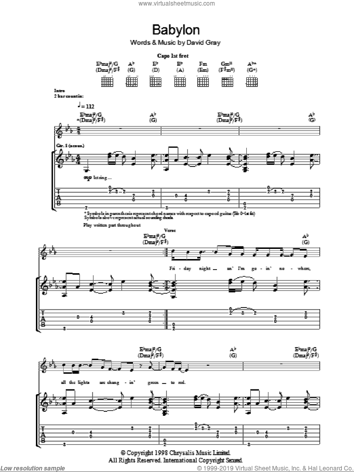 Babylon sheet music for guitar (tablature) by David Gray, intermediate skill level