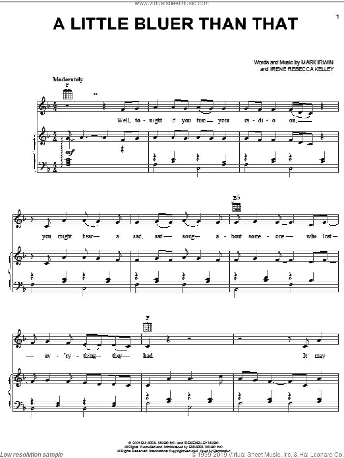 A Little Bluer Than That sheet music for voice, piano or guitar by Alan Jackson, Irene Rebecca Kelley and Mark Irwin, intermediate skill level