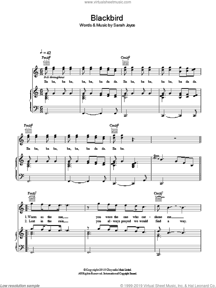 Blackbird sheet music for voice, piano or guitar by Rumer and Sarah Joyce, intermediate skill level