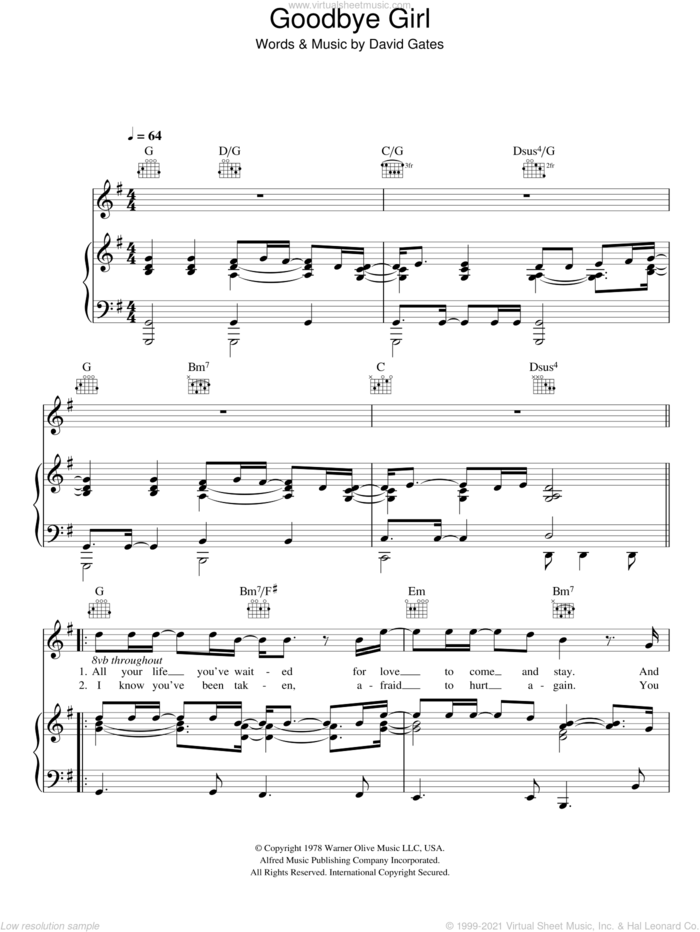 Goodbye Girl sheet music for voice, piano or guitar by Rumer and David Gates, intermediate skill level
