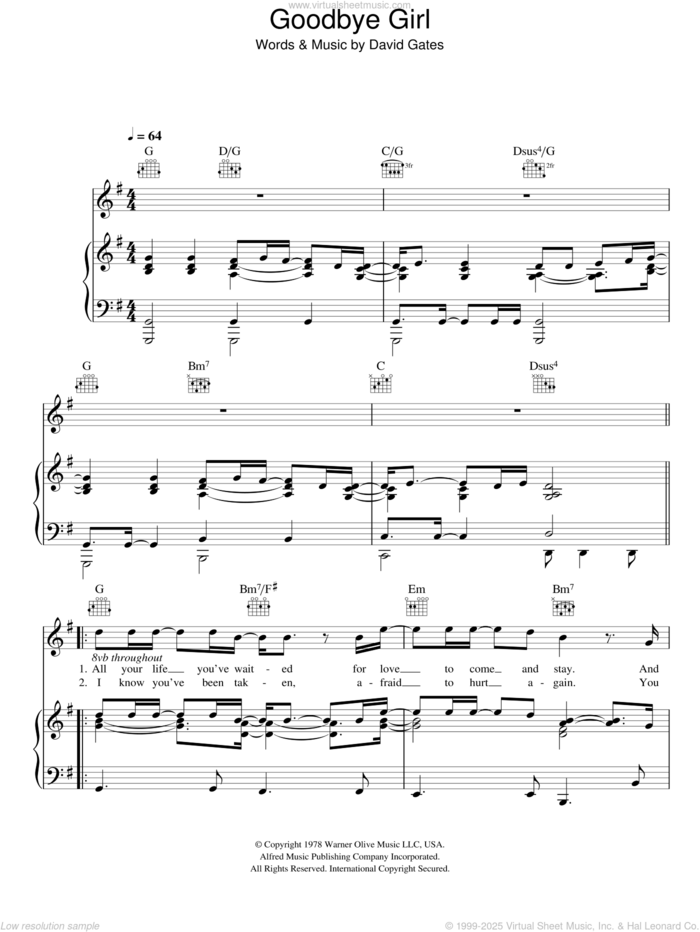 Goodbye Girl sheet music for voice, piano or guitar by Rumer and David Gates, intermediate skill level