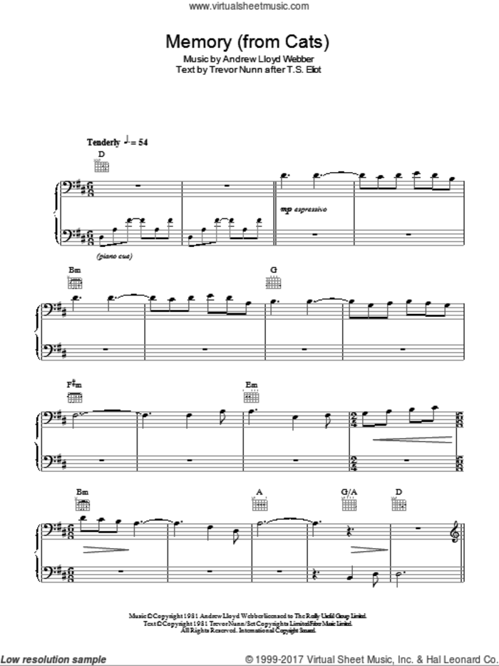 Memory (from Cats), (easy) (from Cats) sheet music for piano solo by Andrew Lloyd Webber, Cats (Musical) and Trevor Nunn, easy skill level