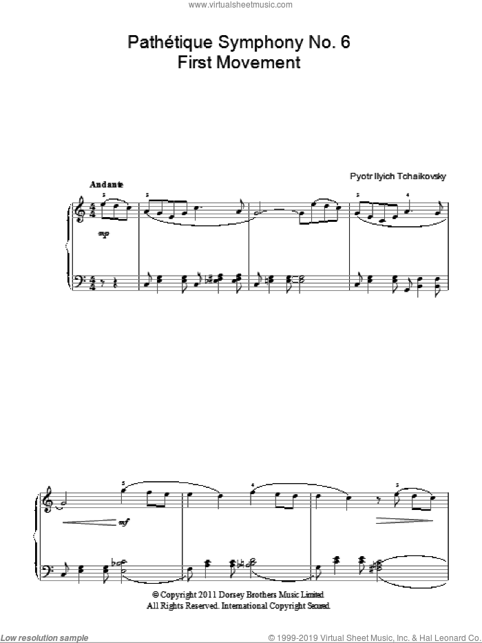 Pathetique (from The 6th Symphony), (easy) sheet music for piano solo by Pyotr Ilyich Tchaikovsky, classical score, easy skill level