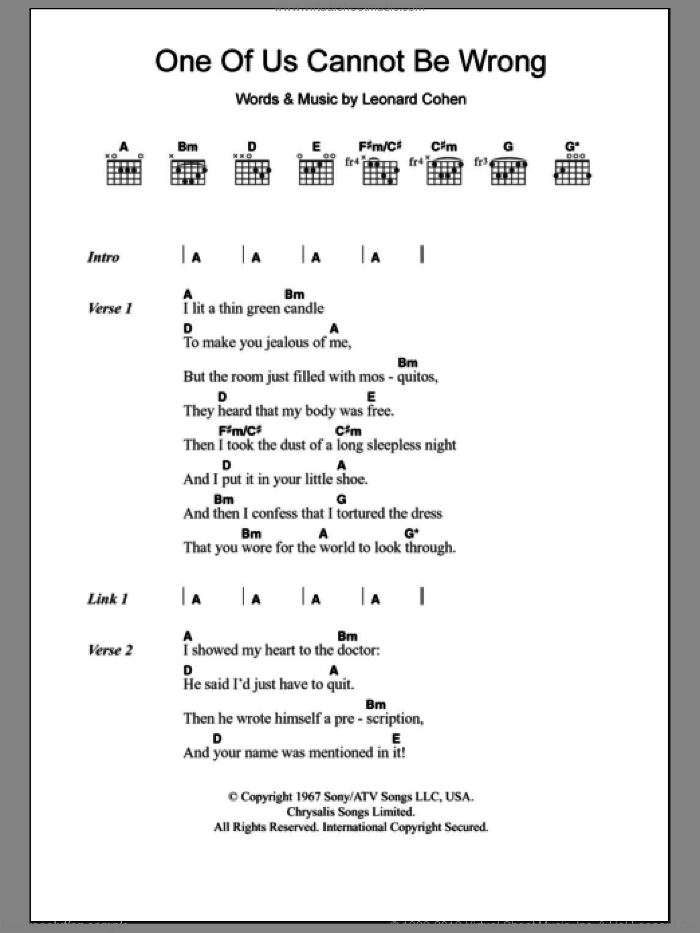One Of Us Cannot Be Wrong sheet music for guitar (chords) by Leonard Cohen, intermediate skill level