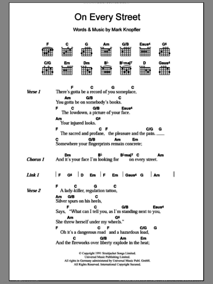 On Every Street sheet music for guitar (chords) by Dire Straits and Mark Knopfler, intermediate skill level