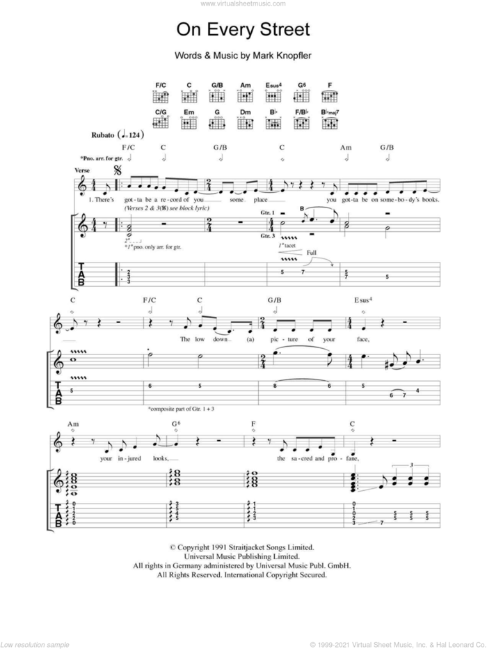On Every Street sheet music for guitar (tablature) by Dire Straits and Mark Knopfler, intermediate skill level