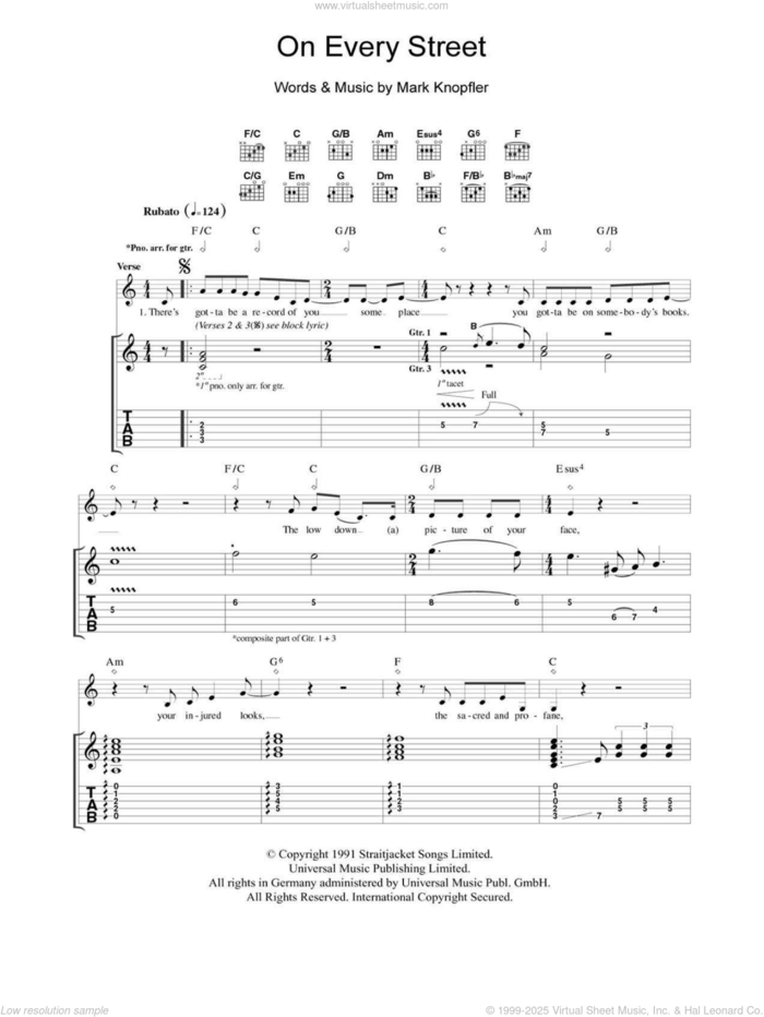 On Every Street sheet music for guitar (tablature) by Dire Straits and Mark Knopfler, intermediate skill level