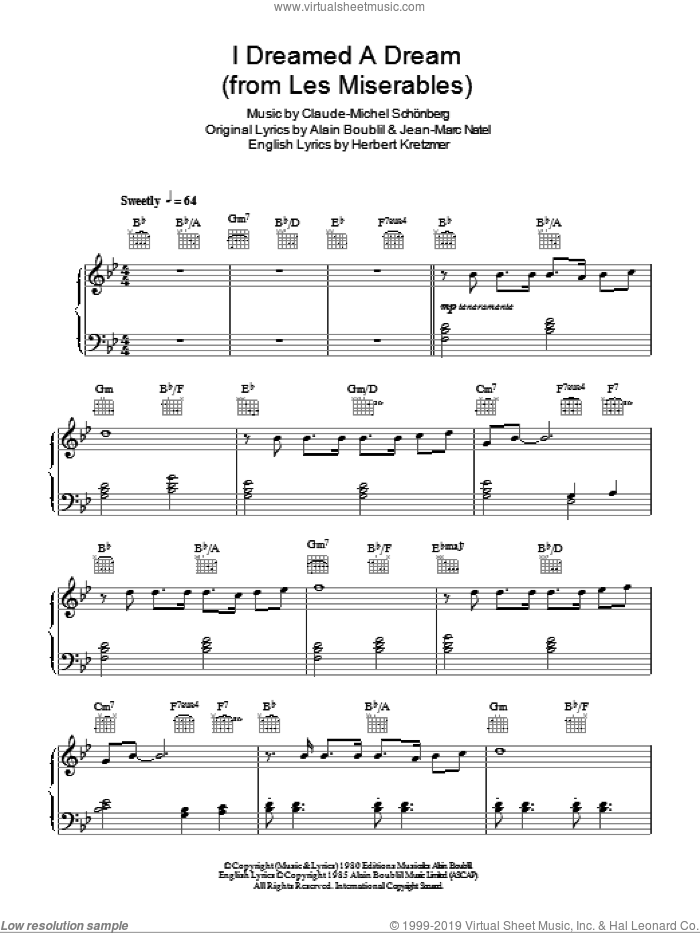 I Dreamed A Dream (from Les Miserables) sheet music for piano solo by Claude-Michel Schonberg, Les Miserables (Musical), Alain Boublil, Boublil and Schonberg, Herbert Kretzmer and Jean-Marc Natel, easy skill level