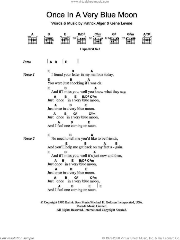 Once In A Very Blue Moon sheet music for guitar (chords) by Nanci Griffith, Dolly Parton, Gene Levine and Patrick Alger, intermediate skill level