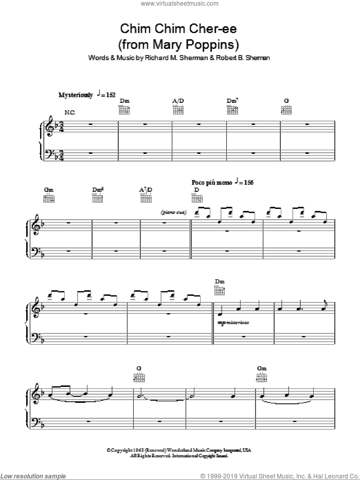 Chim Chim Cher-ee (from Mary Poppins) sheet music for piano solo by Sherman Brothers, Richard M. Sherman and Robert B. Sherman, easy skill level