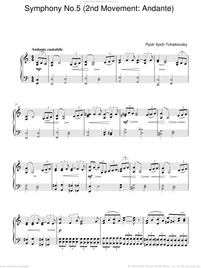 Symphony No. 5 (2nd Movement: Andante) sheet music for piano solo by Pyotr Ilyich Tchaikovsky, classical score, intermediate skill level