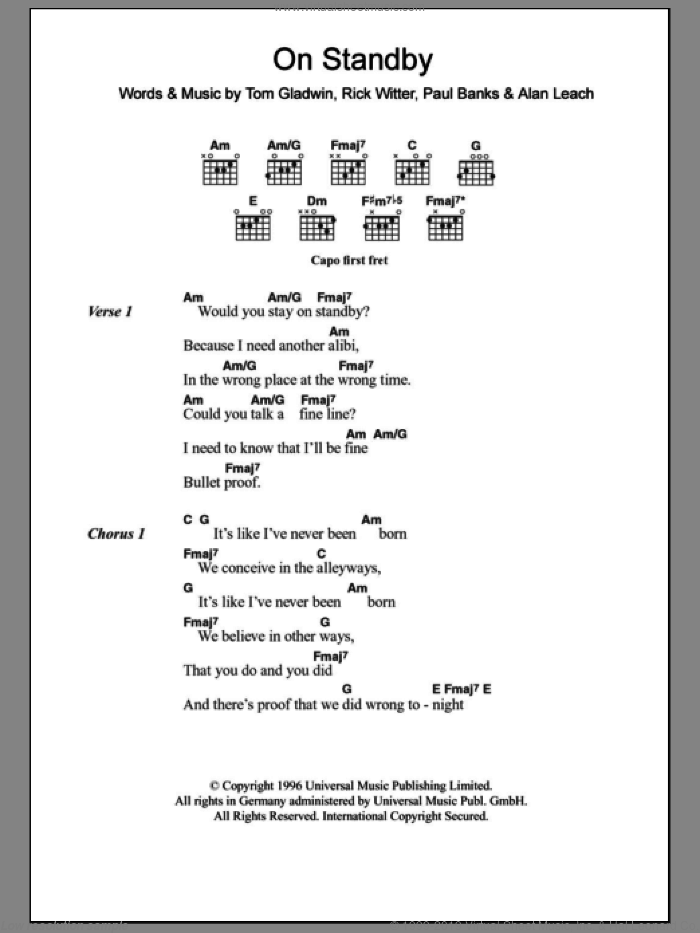 On Standby sheet music for guitar (chords) by Shed Seven, Alan Leach, Paul Banks, Rick Witter and Tom Gladwin, intermediate skill level