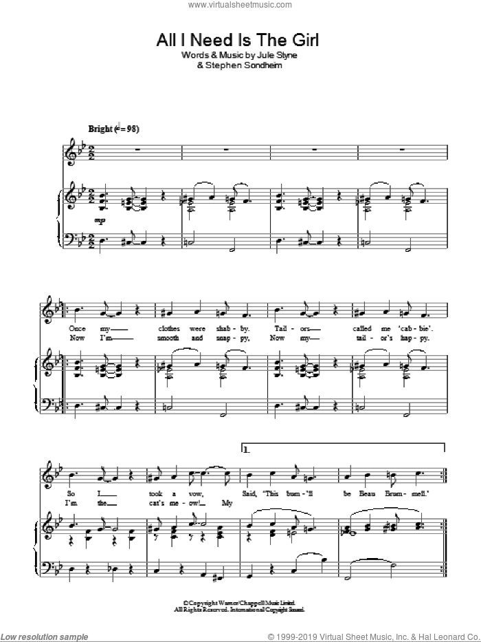 All I Need Is The Girl sheet music for piano solo by Stephen Sondheim, Gypsy (Musical) and Jule Styne, easy skill level