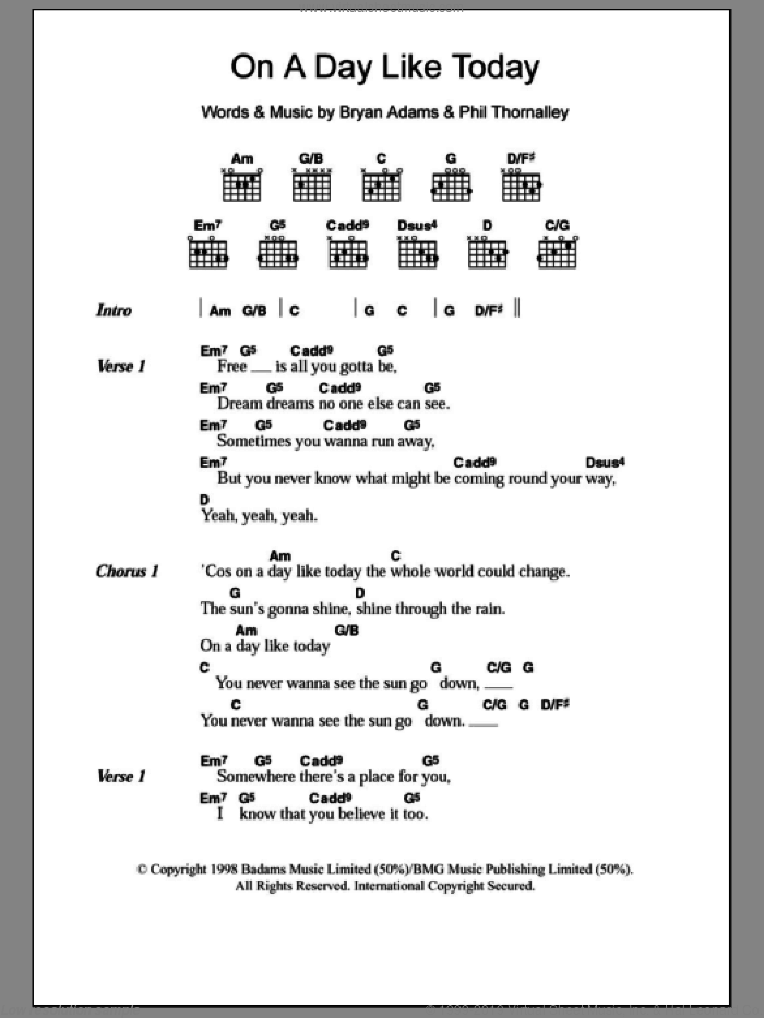 On A Day Like Today sheet music for guitar (chords) by Bryan Adams and Phil Thornalley, intermediate skill level