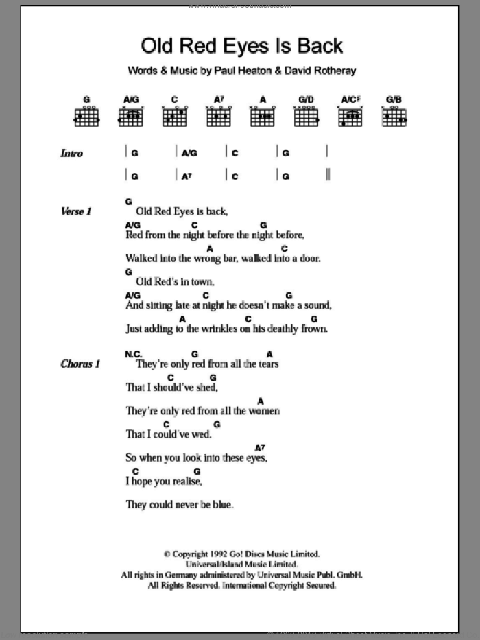 Old Red Eyes Is Back sheet music for guitar (chords) by The Beautiful South, David Rotheray and Paul Heaton, intermediate skill level