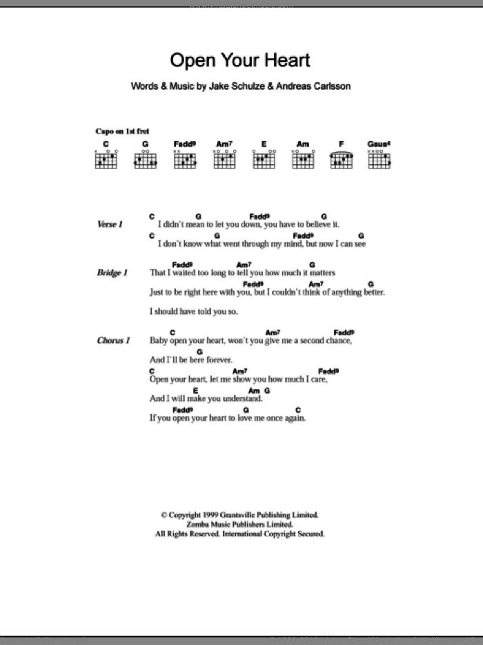 Open Your Heart sheet music for guitar (chords) by Westlife, Andreas Carlsson and Jake Schulze, intermediate skill level