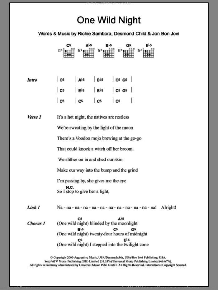 One Wild Night sheet music for guitar (chords) by Bon Jovi, Desmond Child and Richie Sambora, intermediate skill level