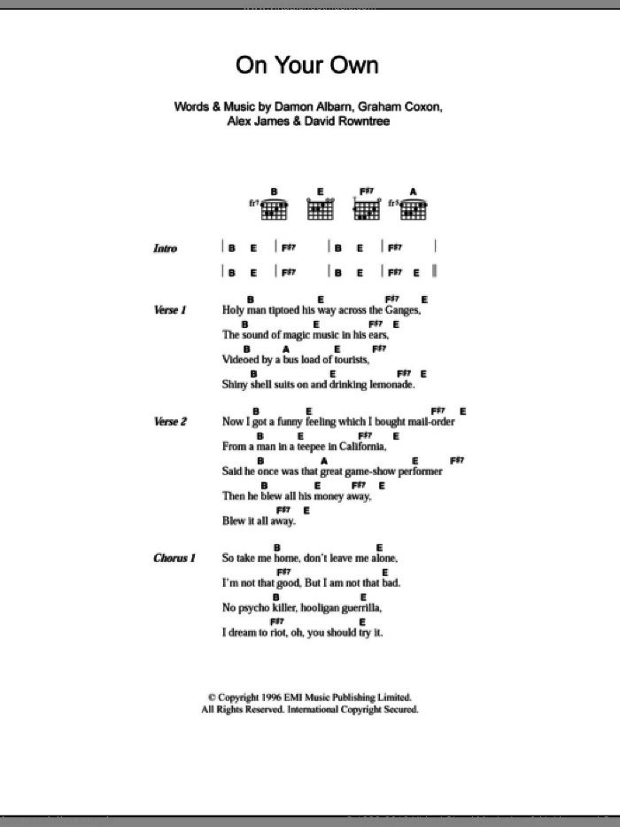 On Your Own sheet music for guitar (chords) by Blur, Alex James, Damon Albarn, David Rowntree and Graham Coxon, intermediate skill level