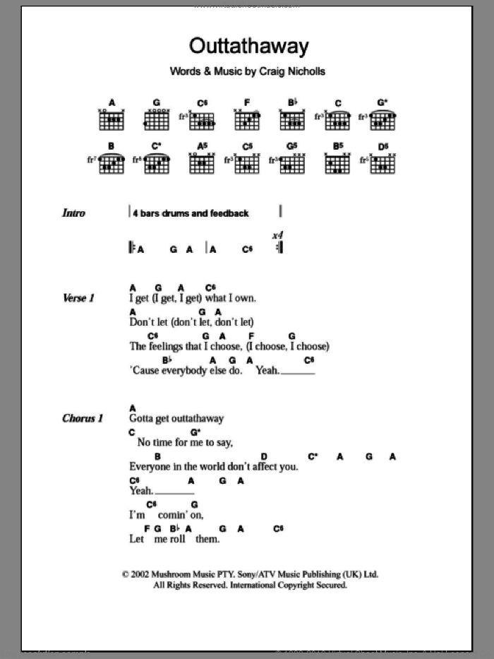 Outtathaway sheet music for guitar (chords) by The Vines and Craig Nicholls, intermediate skill level
