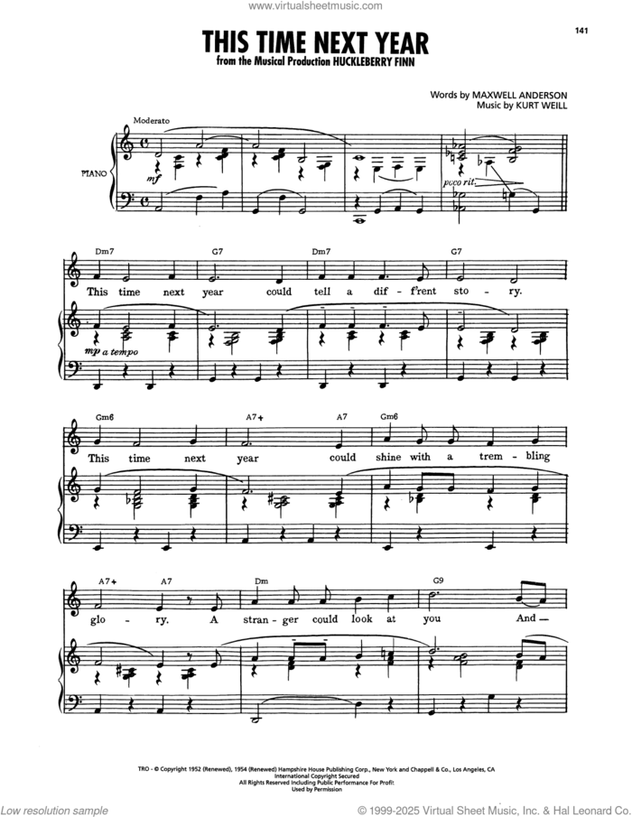 This Time Next Year (from Huckleberry Finn) sheet music for voice, piano or guitar by Kurt Weill and Maxwell Anderson, intermediate skill level