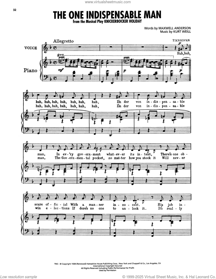 The One Indispensable Man (from Knickerbocker Holiday) sheet music for voice, piano or guitar by Kurt Weill and Maxwell Anderson, intermediate skill level