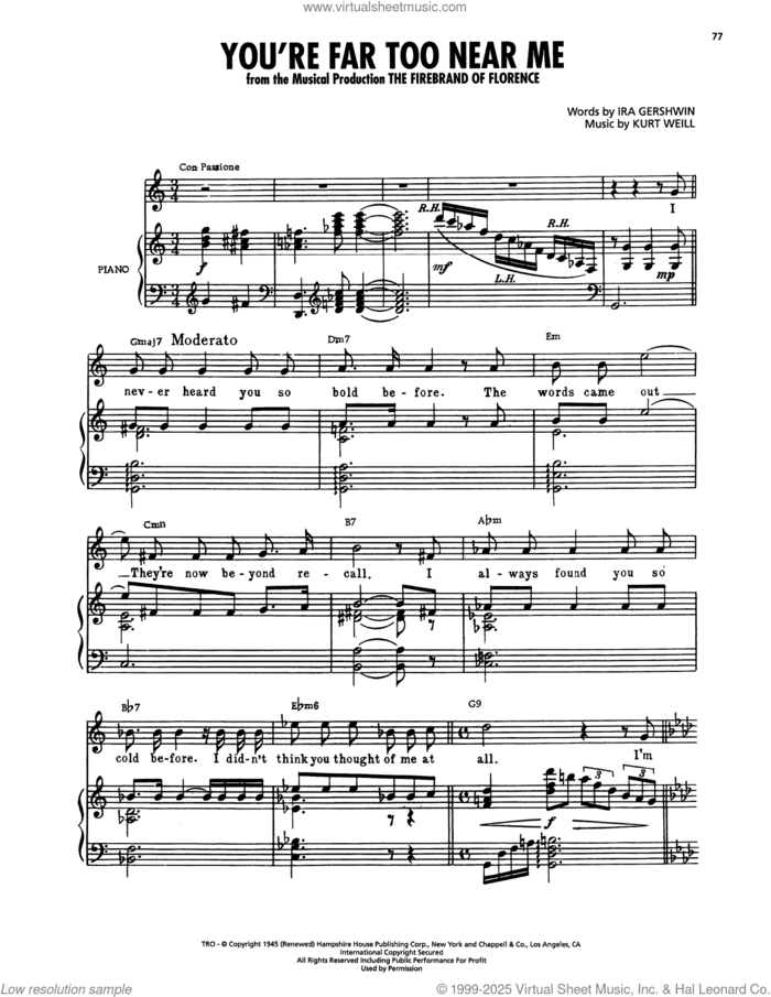 You're Far Too Near Me (from The Firebrand Of Florence) sheet music for voice, piano or guitar by Kurt Weill and Ira Gershwin, intermediate skill level