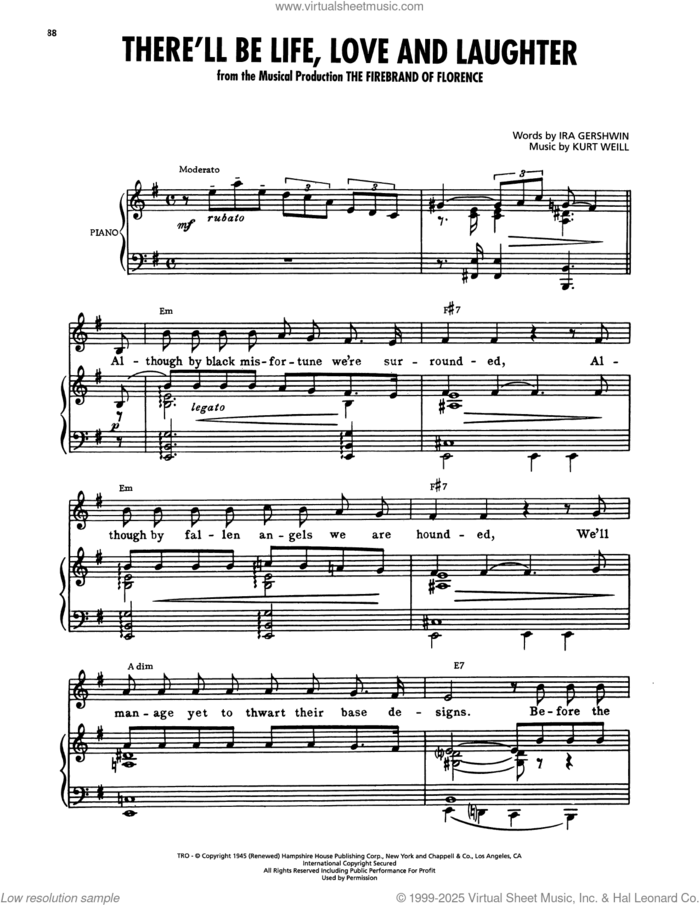 There'll Be Life, Love And Laughter (from The Firebrand Of Florence) sheet music for voice, piano or guitar by Kurt Weill and Ira Gershwin, intermediate skill level
