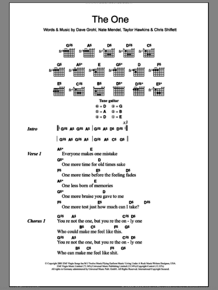 The One sheet music for guitar (chords) by Foo Fighters, Chris Shiflett, Dave Grohl, Nate Mendel and Taylor Hawkins, intermediate skill level