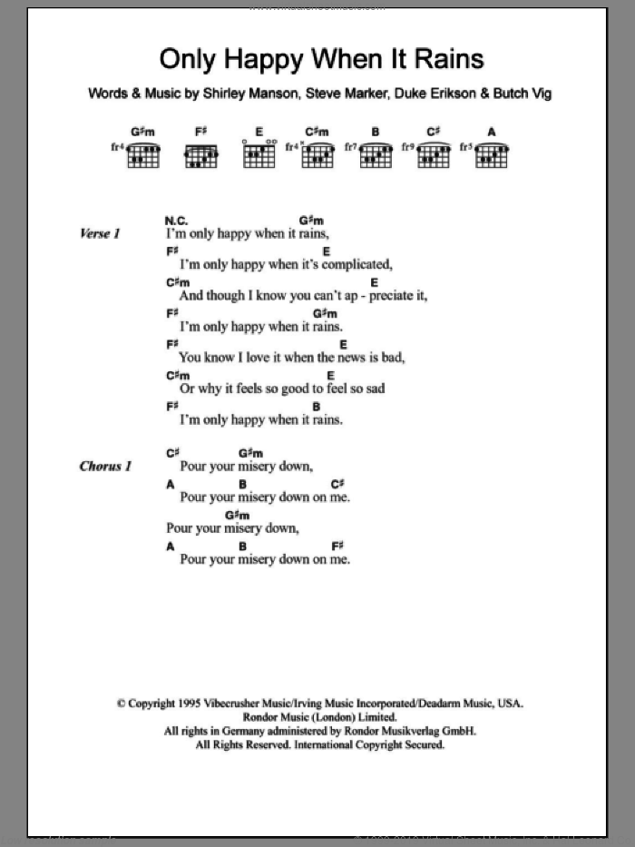 Only Happy When It Rains sheet music for guitar (chords) by Garbage, Butch Vig, Duke Erikson, Shirley Manson and Steve Marker, intermediate skill level