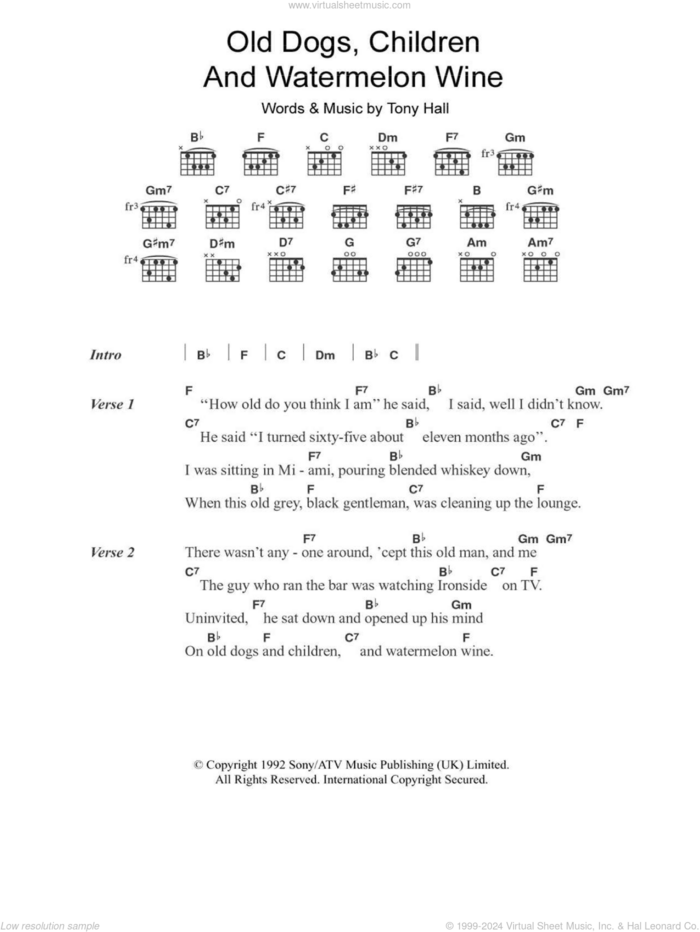 Old Dogs, Children And Watermelon Wine sheet music for guitar (chords) by Tom T. Hall and Tony Hall, intermediate skill level