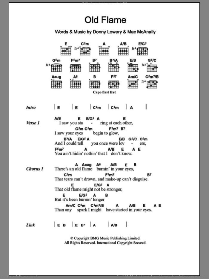 Old Flame sheet music for guitar (chords) by Alabama, Donny Lowery and Mac McAnally, intermediate skill level