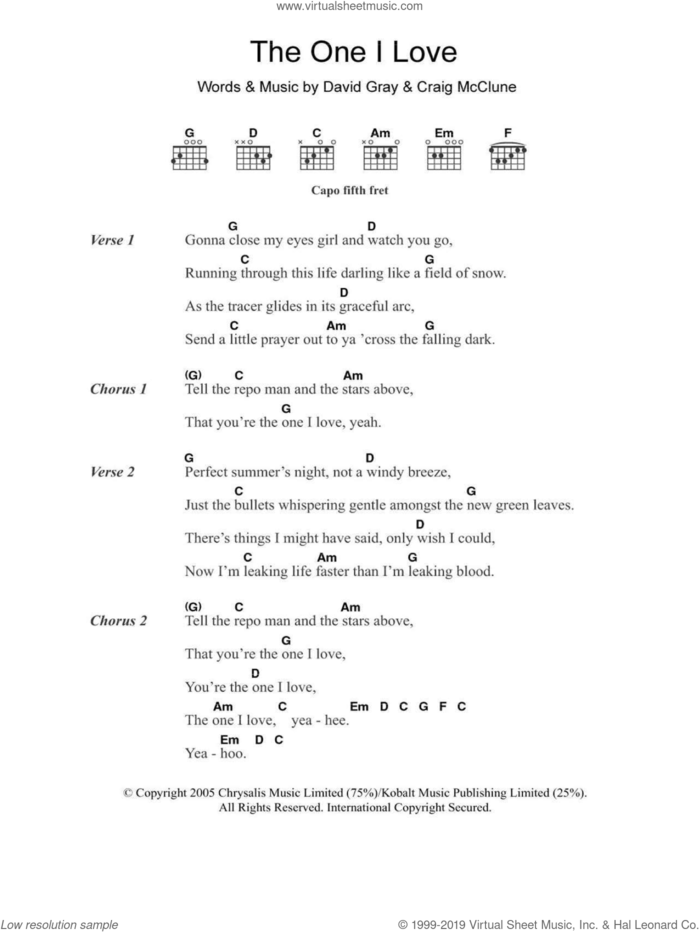 The One I Love sheet music for guitar (chords) by David Gray and Craig McClune, intermediate skill level