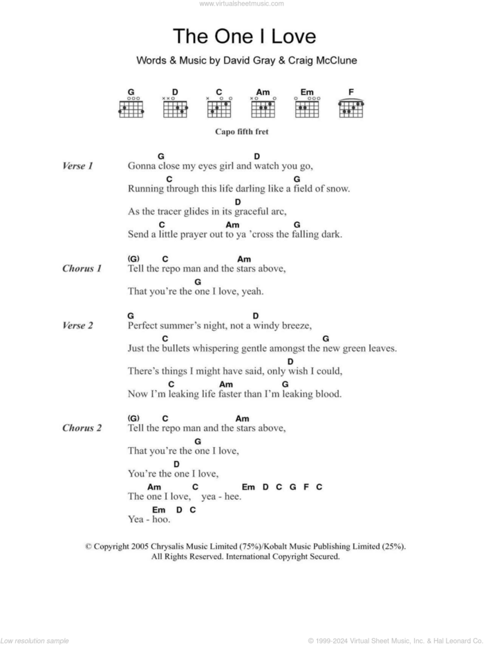 The One I Love sheet music for guitar (chords) by David Gray and Craig McClune, intermediate skill level