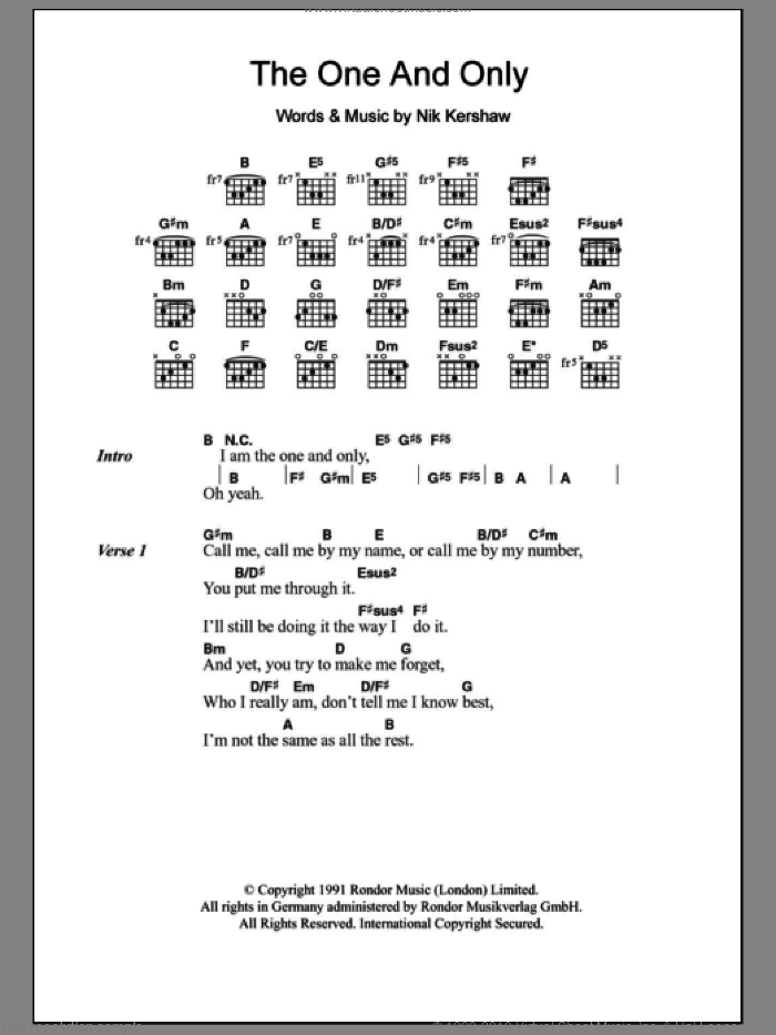 The One And Only sheet music for guitar (chords) by Chesney Hawkes and Nik Kershaw, intermediate skill level