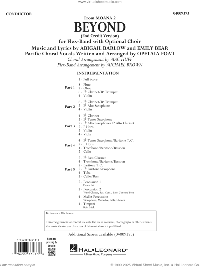 Beyond (End Credit Version) from Moana 2 sheet music for concert band (full score) by Opetaia Foa'i, Michael Brown, Abigail Barlow and Emily Bear, intermediate skill level