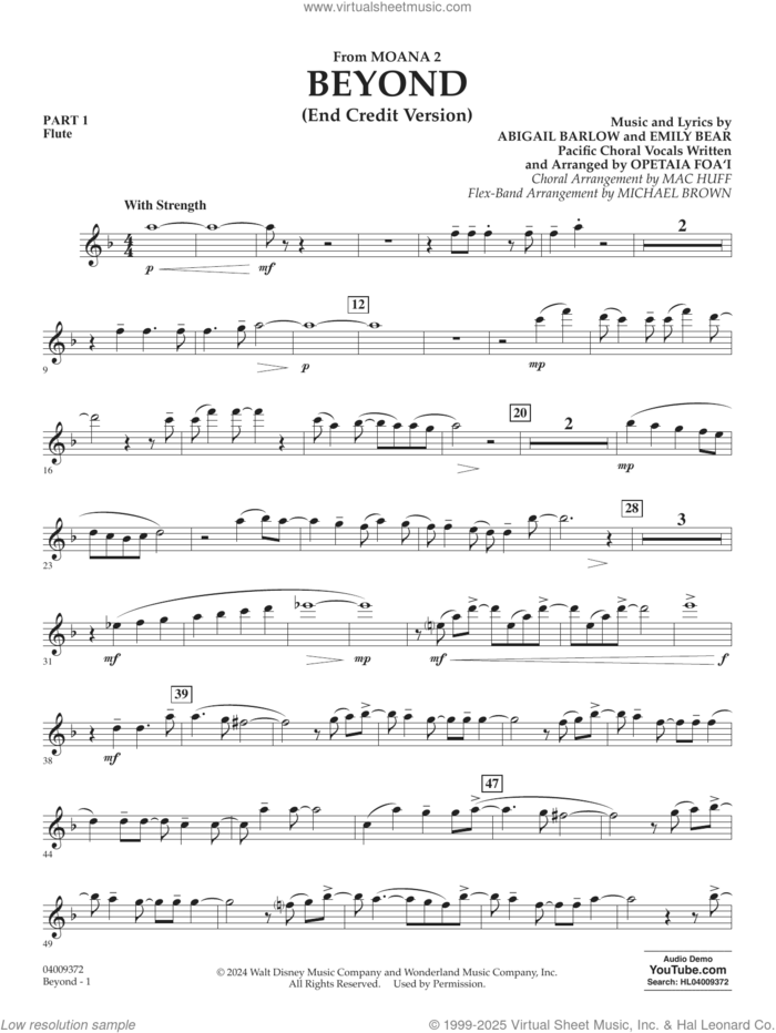 Beyond (End Credit Version) from Moana 2 sheet music for concert band (pt.1 - flute) by Opetaia Foa'i, Michael Brown, Abigail Barlow and Emily Bear, intermediate skill level