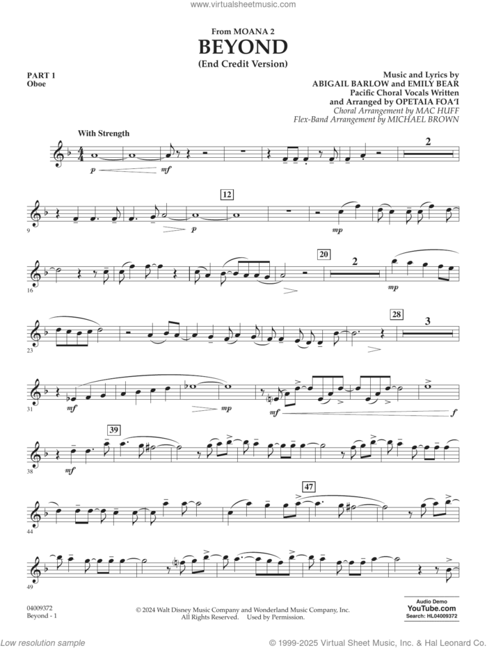 Beyond (End Credit Version) from Moana 2 sheet music for concert band (pt.1 - oboe) by Opetaia Foa'i, Michael Brown, Abigail Barlow and Emily Bear, intermediate skill level