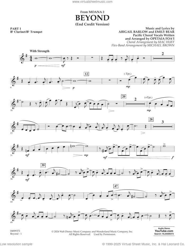 Beyond (End Credit Version) from Moana 2 sheet music for concert band (Bb clarinet/bb trumpet) by Opetaia Foa'i, Michael Brown, Abigail Barlow and Emily Bear, intermediate skill level