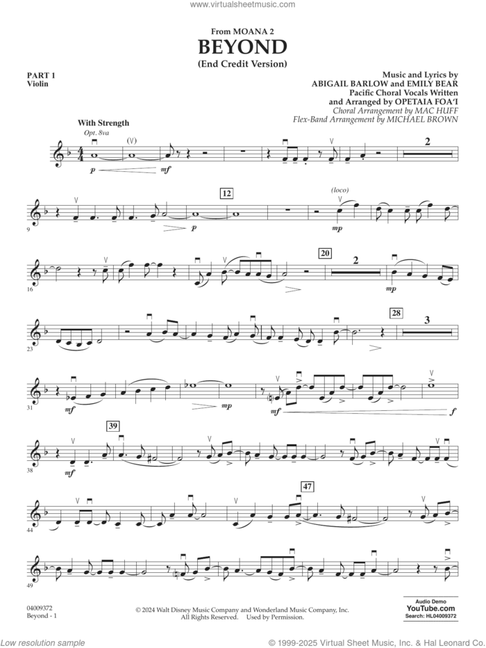 Beyond (End Credit Version) from Moana 2 sheet music for concert band (pt.1 - violin) by Opetaia Foa'i, Michael Brown, Abigail Barlow and Emily Bear, intermediate skill level