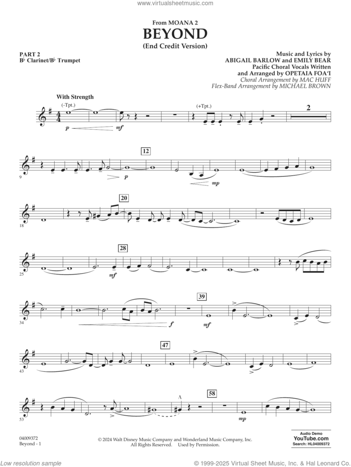 Beyond (End Credit Version) from Moana 2 sheet music for concert band (Bb clarinet/bb trumpet) by Opetaia Foa'i, Michael Brown, Abigail Barlow and Emily Bear, intermediate skill level