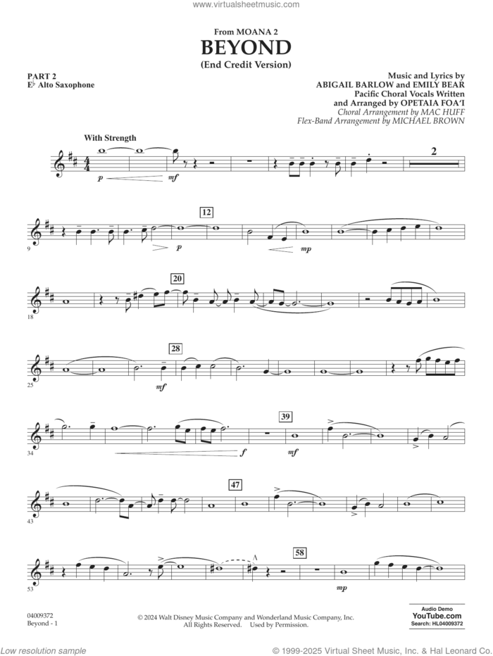 Beyond (End Credit Version) from Moana 2 sheet music for concert band (pt.2 - Eb alto saxophone) by Opetaia Foa'i, Michael Brown, Abigail Barlow and Emily Bear, intermediate skill level