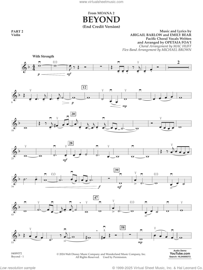 Beyond (End Credit Version) from Moana 2 sheet music for concert band (pt.2 - violin) by Opetaia Foa'i, Michael Brown, Abigail Barlow and Emily Bear, intermediate skill level