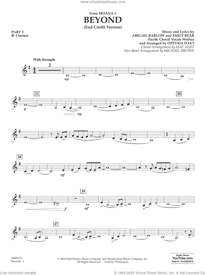 Beyond (End Credit Version) from Moana 2 sheet music for concert band (pt.3 - Bb clarinet) by Opetaia Foa'i, Michael Brown, Abigail Barlow and Emily Bear, intermediate skill level