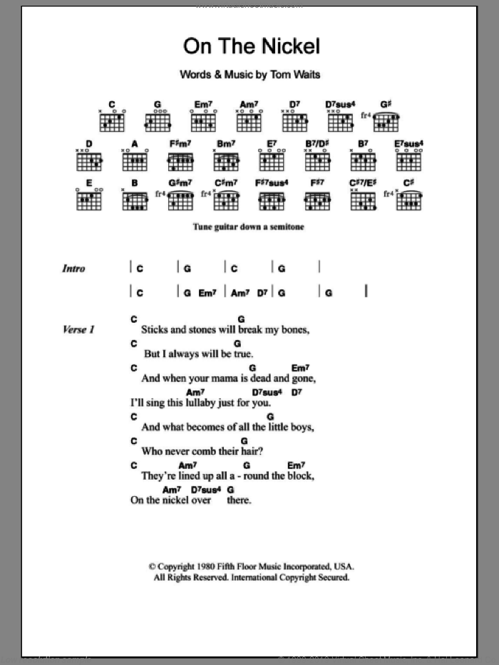 On The Nickel sheet music for guitar (chords) by Tom Waits, intermediate skill level